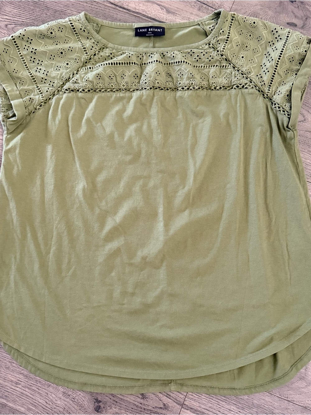 Lane Bryant Olive Eyelet Lace Short Sleeve Tee